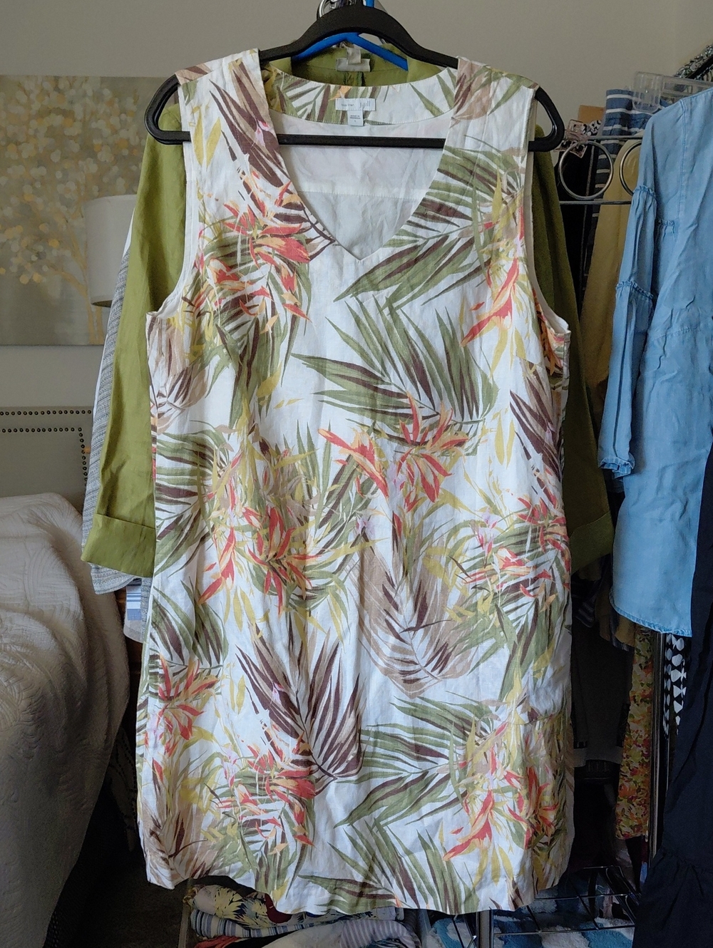 J. Jill Linen Sleeveless Tropical Floral Print Dress in Yellow & Navy L